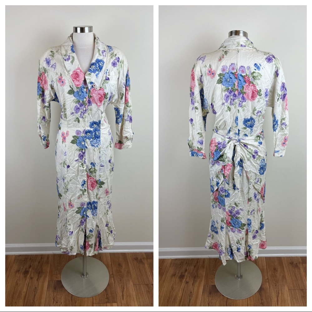Vintage Moonglow Floral Maxi Dress Long Sleeve Women Size Large White Pink